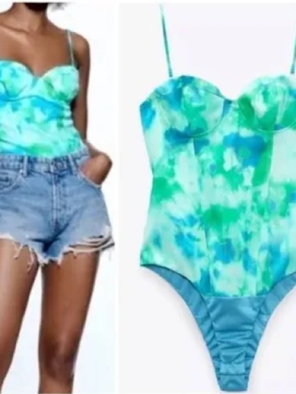 Zara XS Watercolor Tie-Dye Blue Green Bodysuit